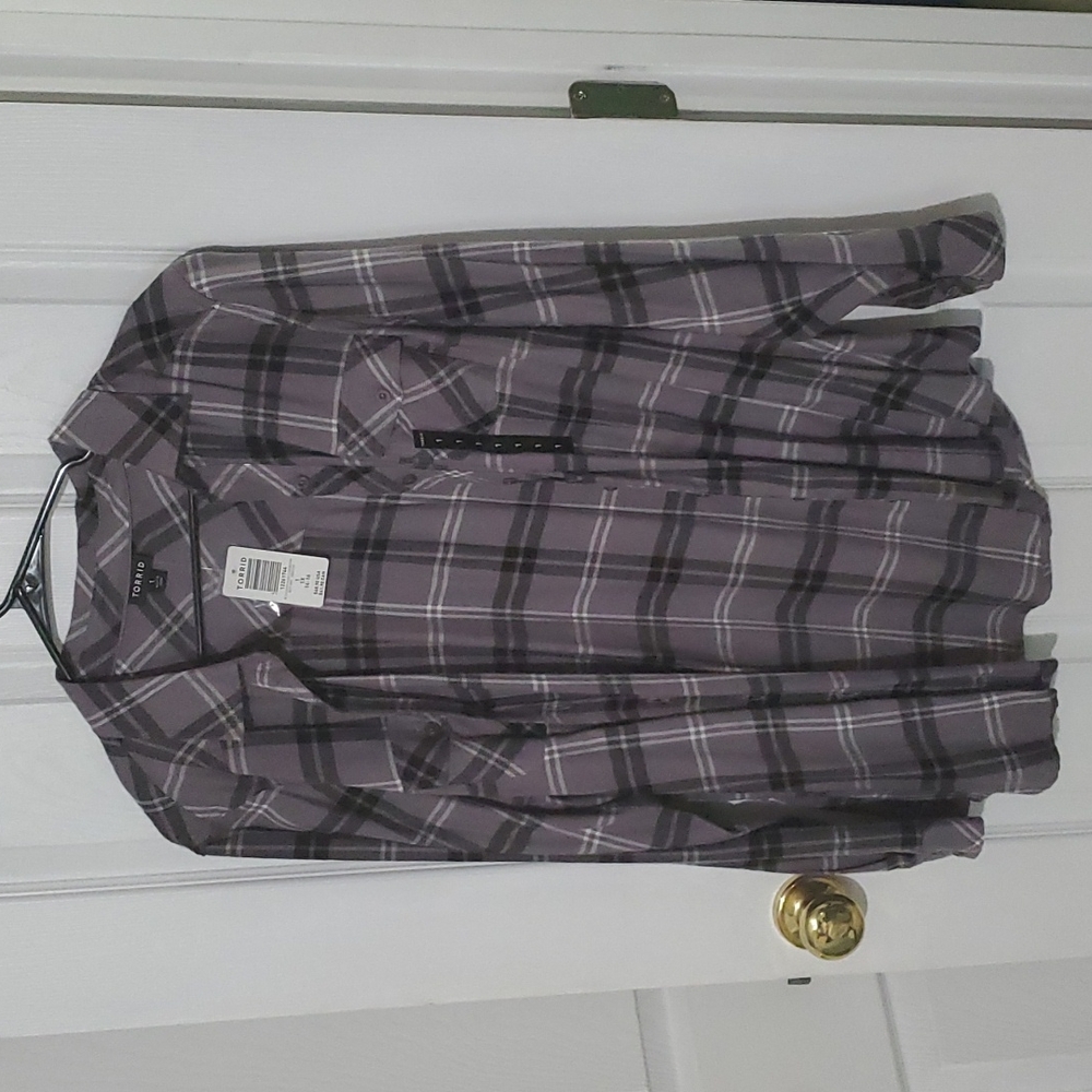 Torrid Taylor - Grey Plaid Twill Button Front Slim Fit Shirt